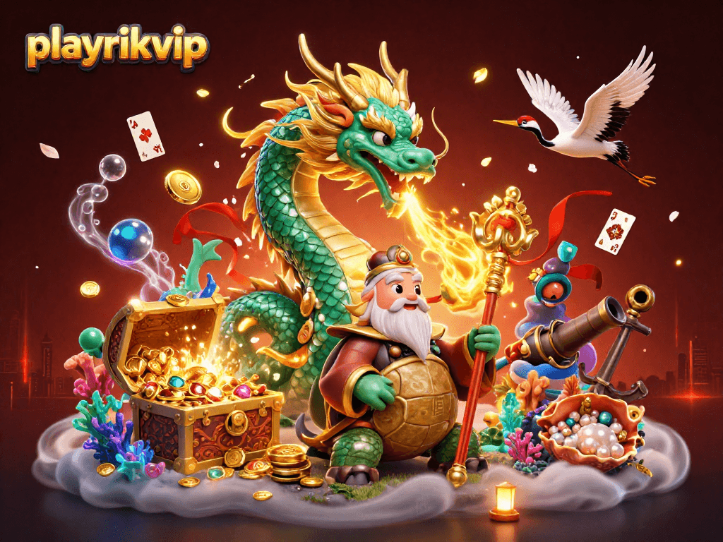 Experience excitement at playrikvip with a vibrant 3D illustration featuring a dragon and treasures.