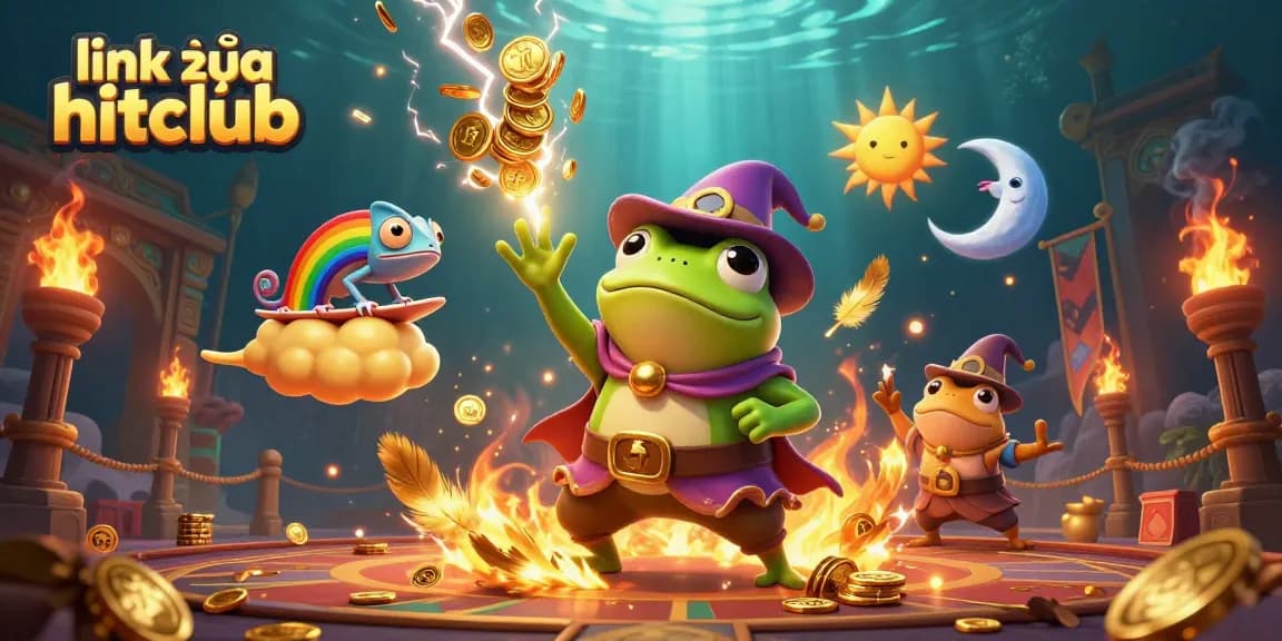 Engage with link vào hitclub as a weather wizard frog conjures golden coins in a casino-themed scene.