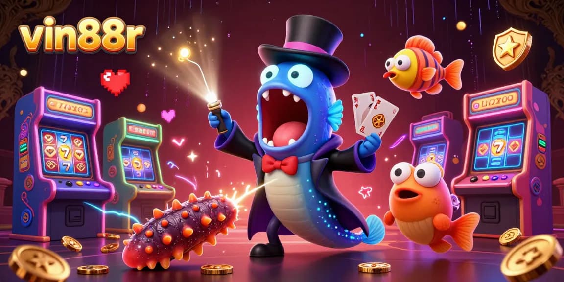 vin88r showcases a vibrant casino-themed scene with deep-sea characters performing magical card tricks