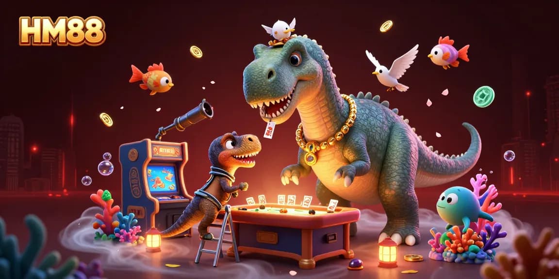 Experience the thrill of HM88 as the brontosaurus watches a vibrant fishing game scene unfold.