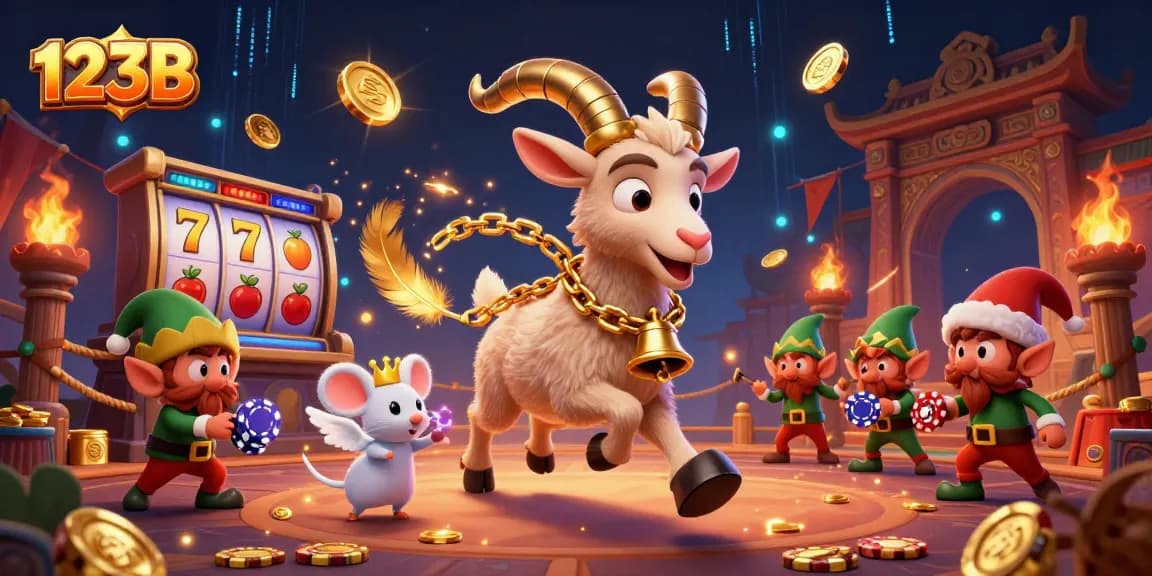 Engage with 123B's colorful slot reels amid a festive 3D casino scene featuring Krampus and friends stealing poker chips.