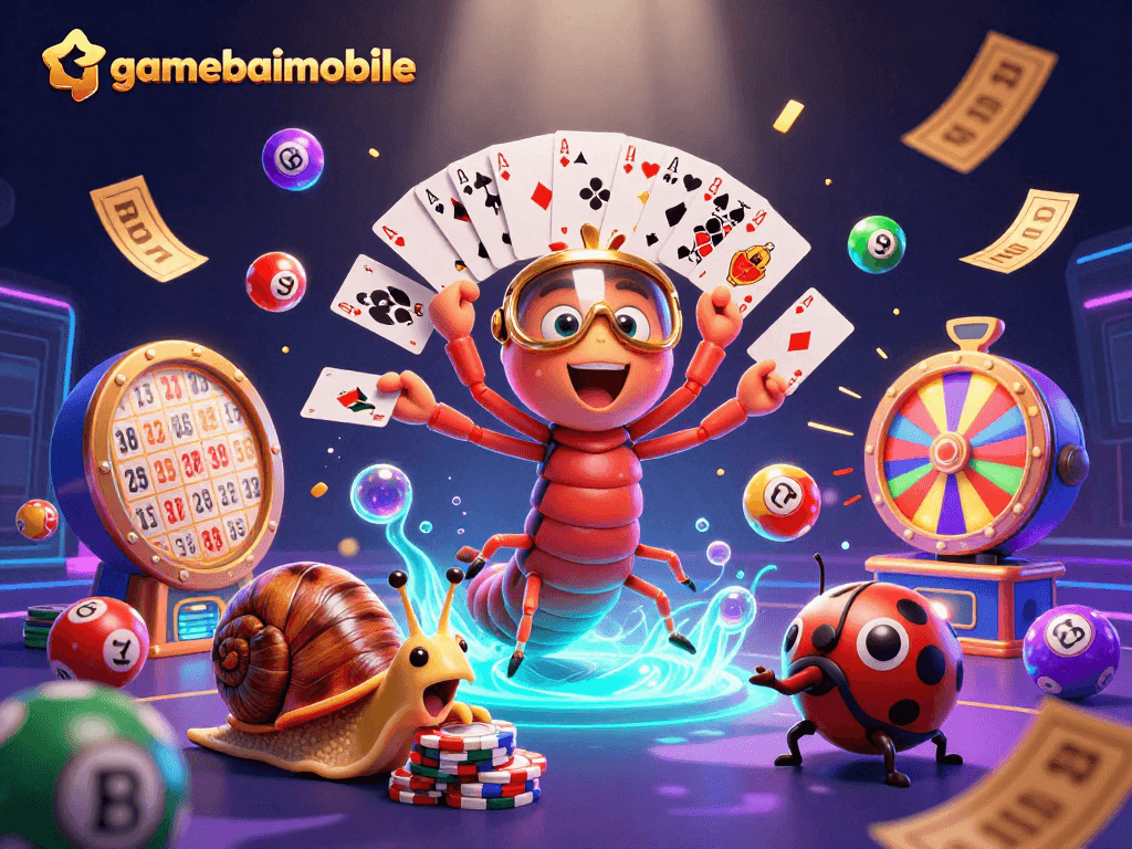 Engage in thrilling gameplay with gamebaimobile’s vibrant lottery and casino scene, featuring dynamic characters and colorful elements.