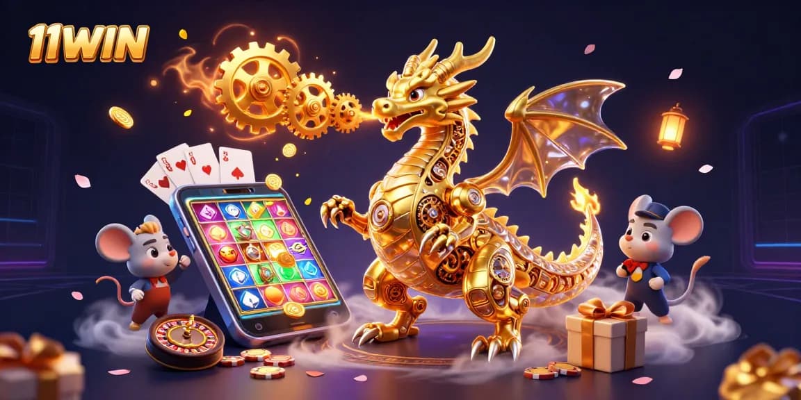 Engage with 11WIN for exhilarating slots and golden winnings in this vibrant 3D illustration.