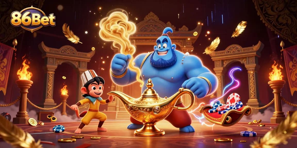 Win big with 86Bet in this vibrant casino scene filled with magic and excitement.