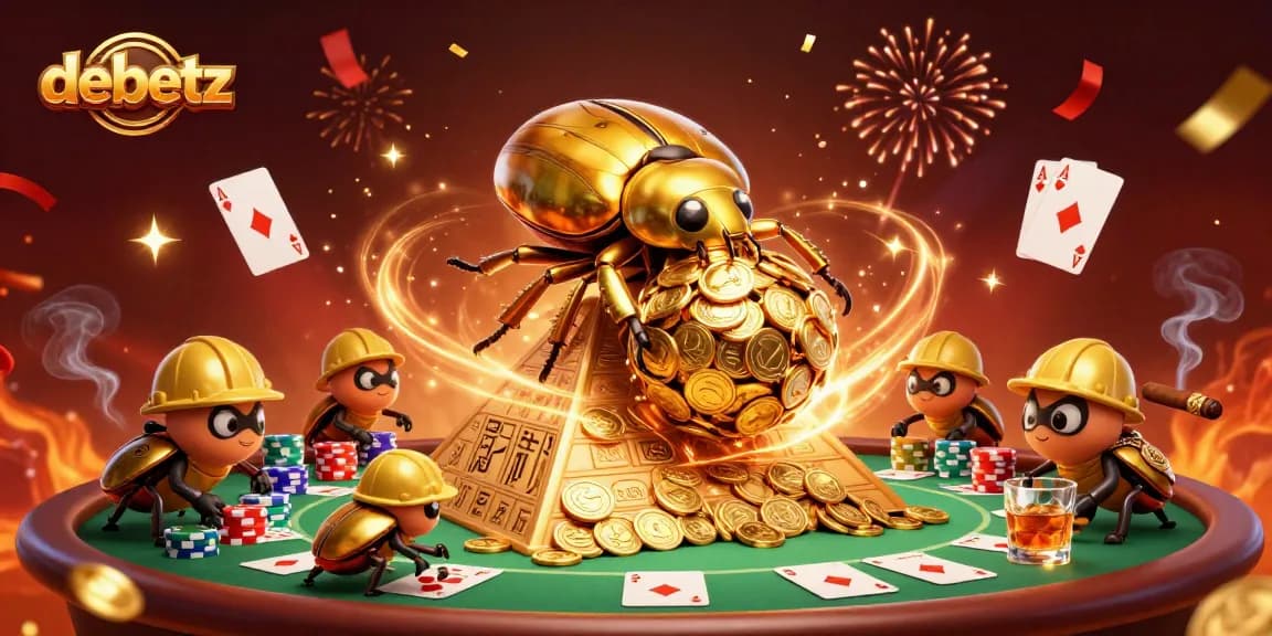 Experience winnings with debetz at a vibrant casino scene featuring golden beetles and poker elements.