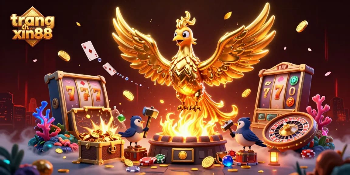 Experience the excitement at trang chu xin88, where a golden phoenix emerges amidst a shower of coins and gaming elements.