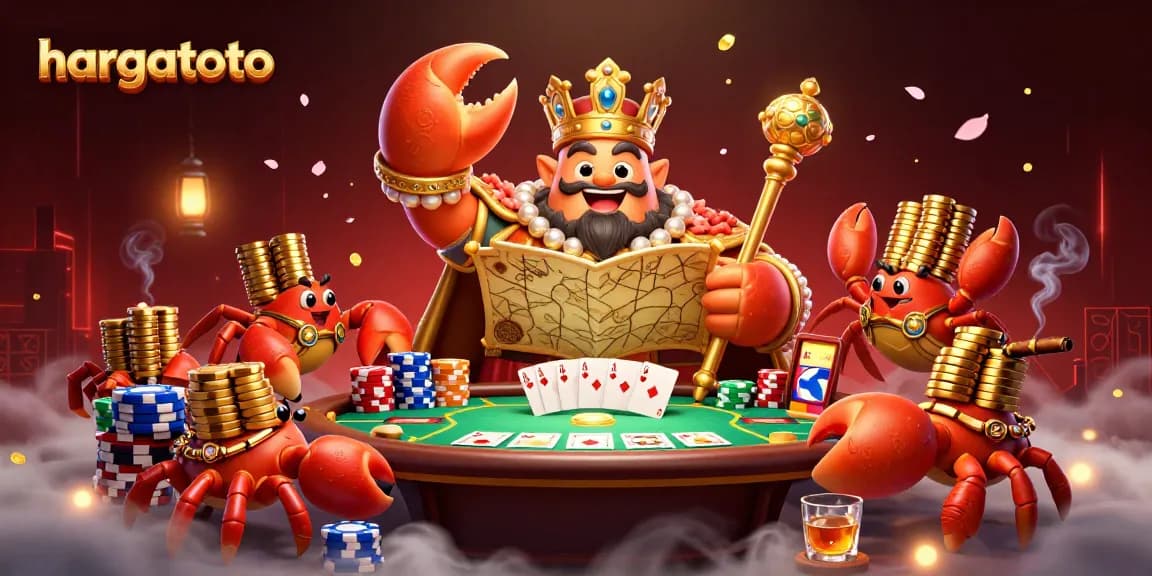 hargatoto showcases a golden crab emperor promoting high-stakes games with vibrant chips and cards