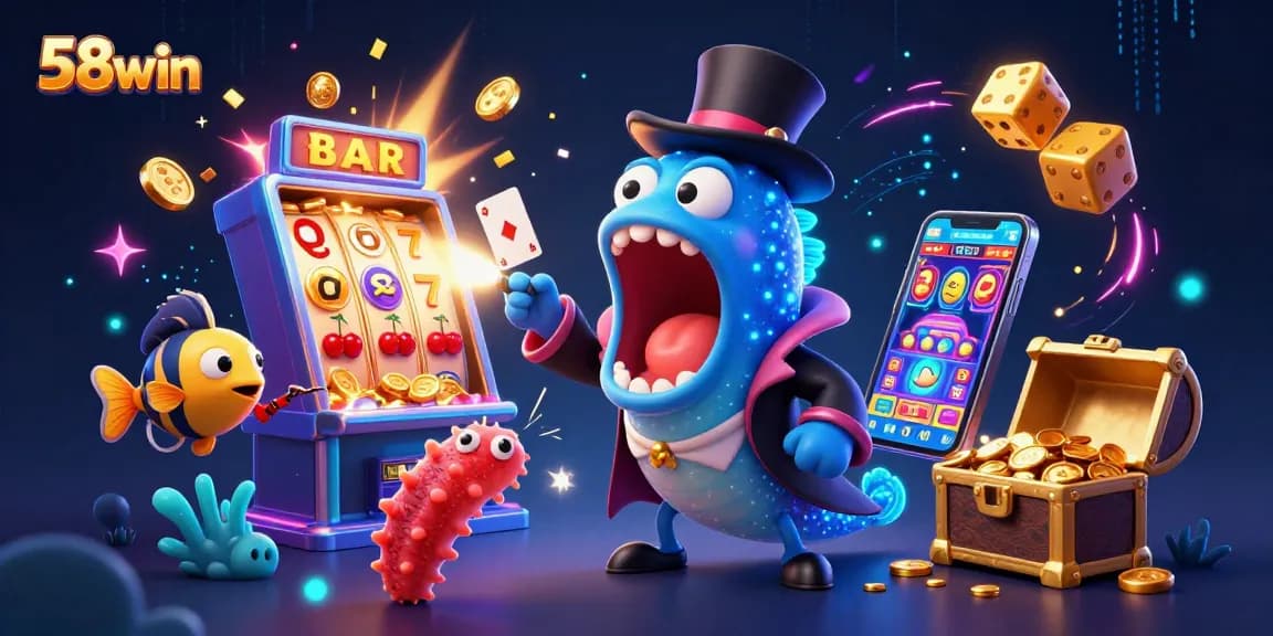Watch the 58win characters perform exciting magic tricks in a vibrant casino setting.