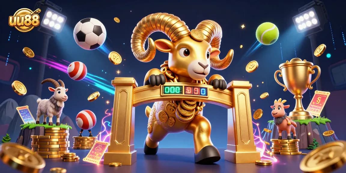uu88 engaging online gaming scene with 3D golden ram and vibrant sports elements in action