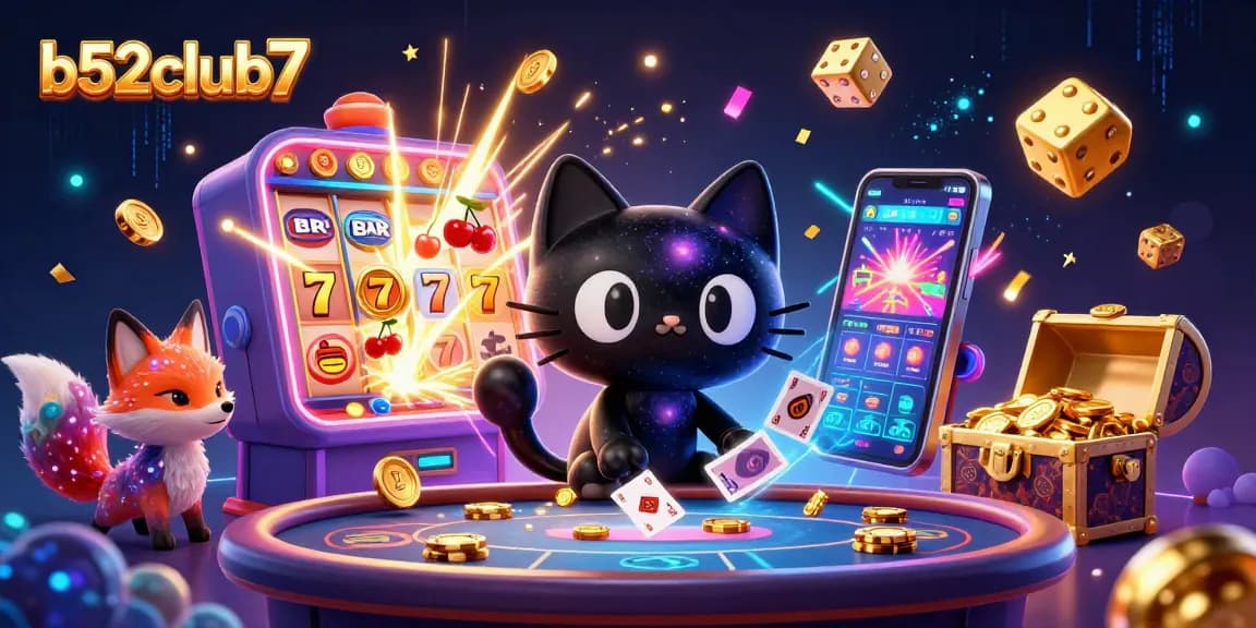 Bets on b52club7 intensify around a cosmic casino with a black hole cat and colorful nebula fox.