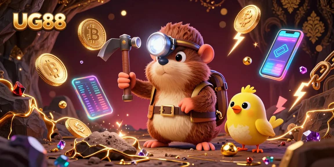 Engage with UG88 through this vibrant treasure hunt illustration, featuring crypto coins and mining elements.