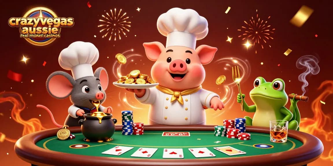 Culinary excitement at crazyvegas aussie real money casinos with a chef pig and whimsical characters.