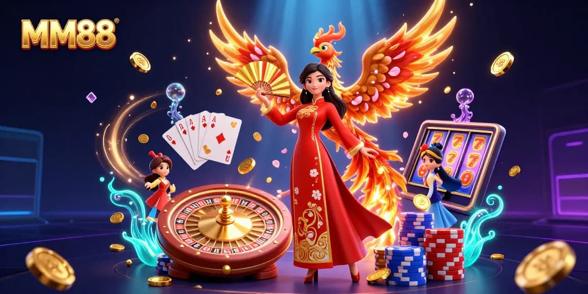 Bet big with MM88 in this vibrant 3D scene showcasing casino elements like roulette, slot machines, and poker chips.