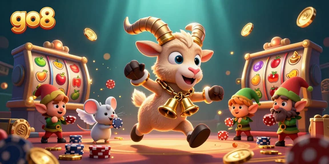 Engage with go8's festive casino atmosphere featuring a Krampus goat, angel mouse, and gremlins amidst spinning slots.