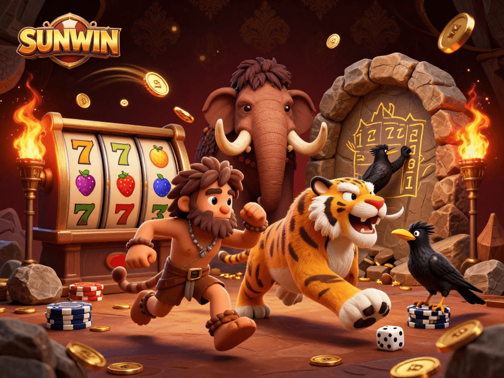 SUNWIN promotes exciting gameplay with cartoon cavemen and sabertooth running a game-filled casino