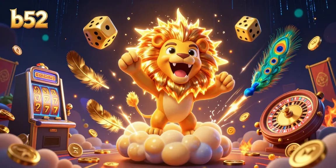 Play slots and win with the b52 logo featuring a dazzling lion and golden dice.