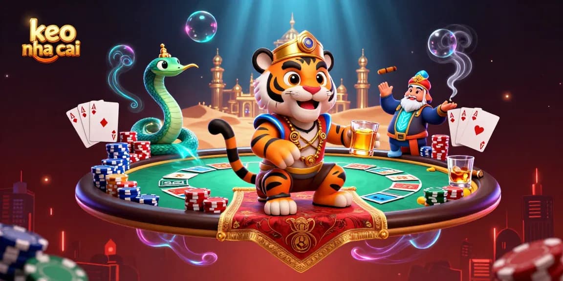 Experience "keo nha cai" in this vibrant 3D casino scene featuring interactive poker elements and animated characters.