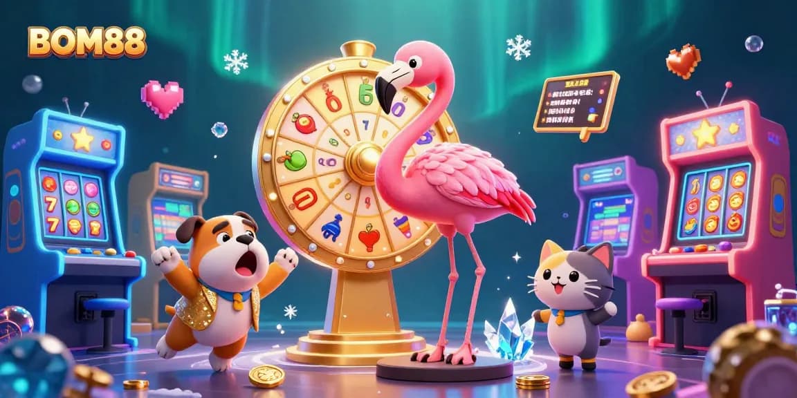 Engage with BOM88's vibrant casino scene featuring a flamingo host, excited bulldog, and scoreboard cat amidst slot game excitement.