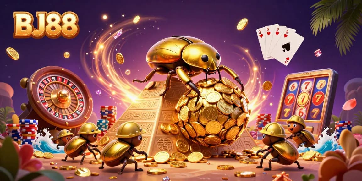 BJ88's vibrant casino adventure with beetles and gold coins elevating gaming excitement