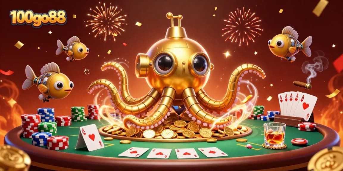 Experience thrilling gaming with 100go88 featuring a golden kraken amidst poker excitement.