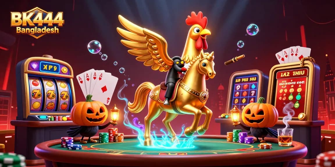 Engage with BK444 Bangladesh at a dynamic casino scene featuring vibrant slot reels and poker excitement.