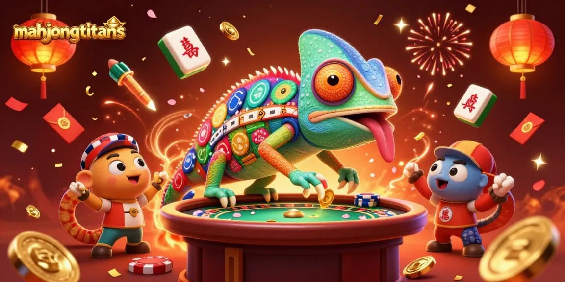 Engage with mahjongtitans as the chameleon casino owner captures golden coins amid vibrant festival elements.