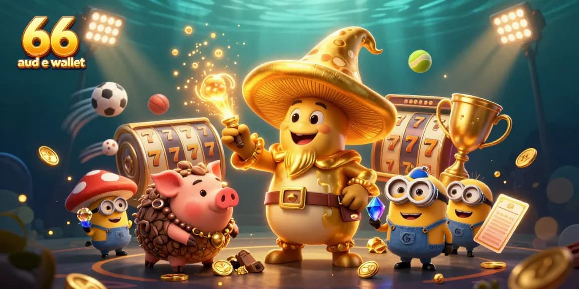 Engage with 66 aud e wallet in this vibrant 3D scene of a golden wizard, treasure-hunting pig, and lively slot elements.