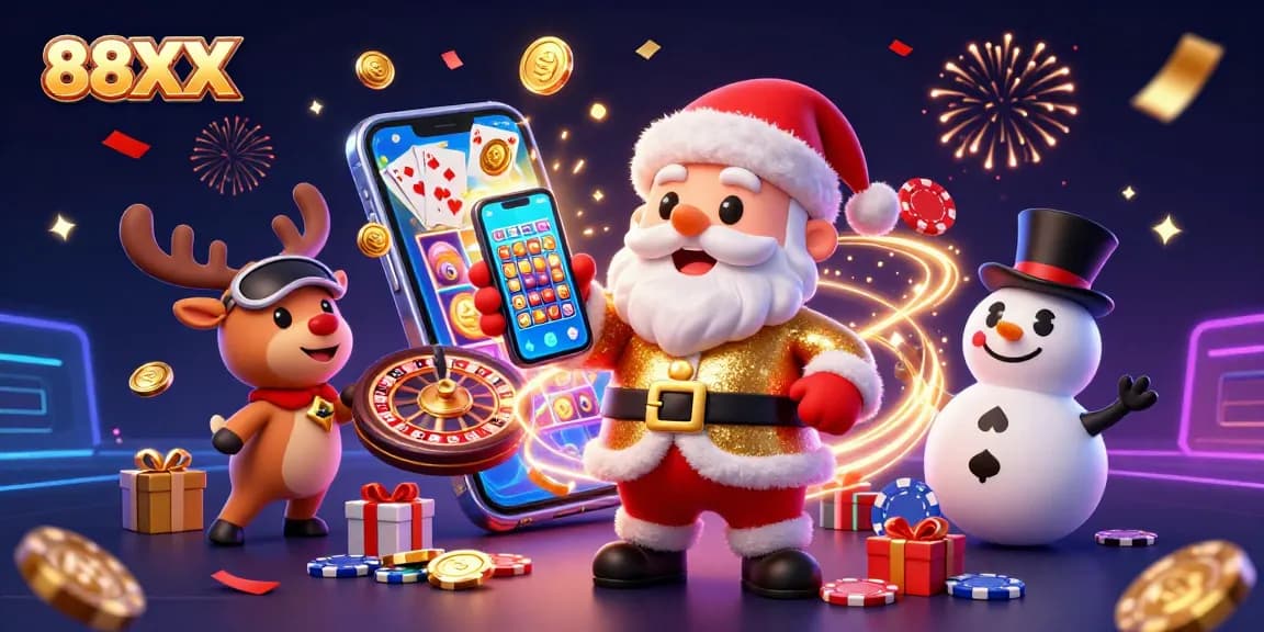 Spin the reels and win big with 88XX at this festive casino scene featuring Santa and friends.