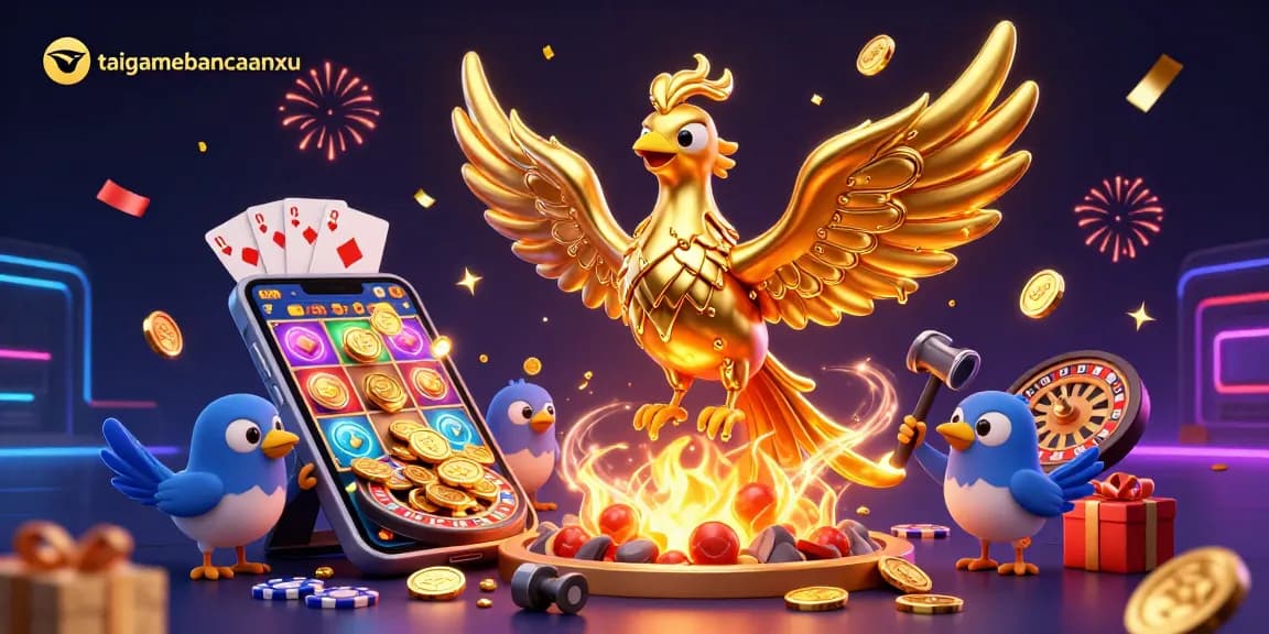 Engage with taigamebancaanxu while witnessing a vibrant 3D casino scene bursting with golden phoenix and slot action