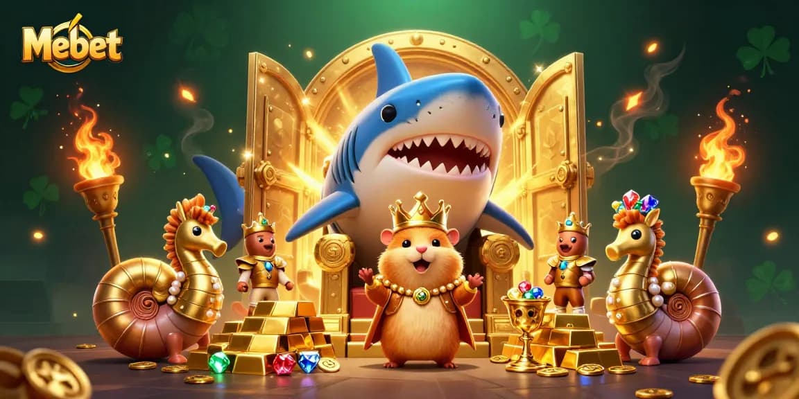 Mebet Casino Throne with a golden hamster king and treasure elements creating a vibrant gambling scene