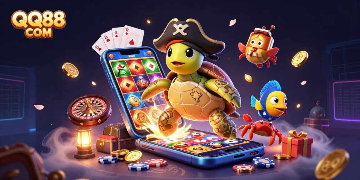 Experience thrilling gaming at QQ88 COM with an engaging 3D pirate-themed scene showcasing casino elements.