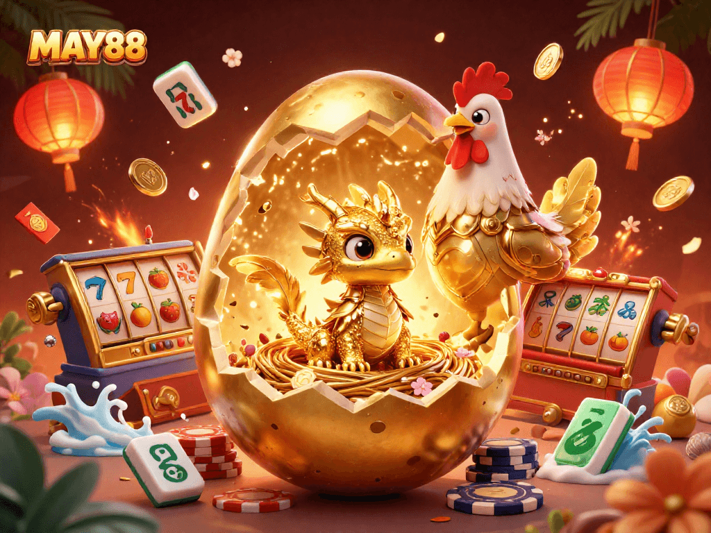 MAY88 showcases a baby dragon emerging from a golden egg among vivid slot elements, enchanting scene for casino lovers.