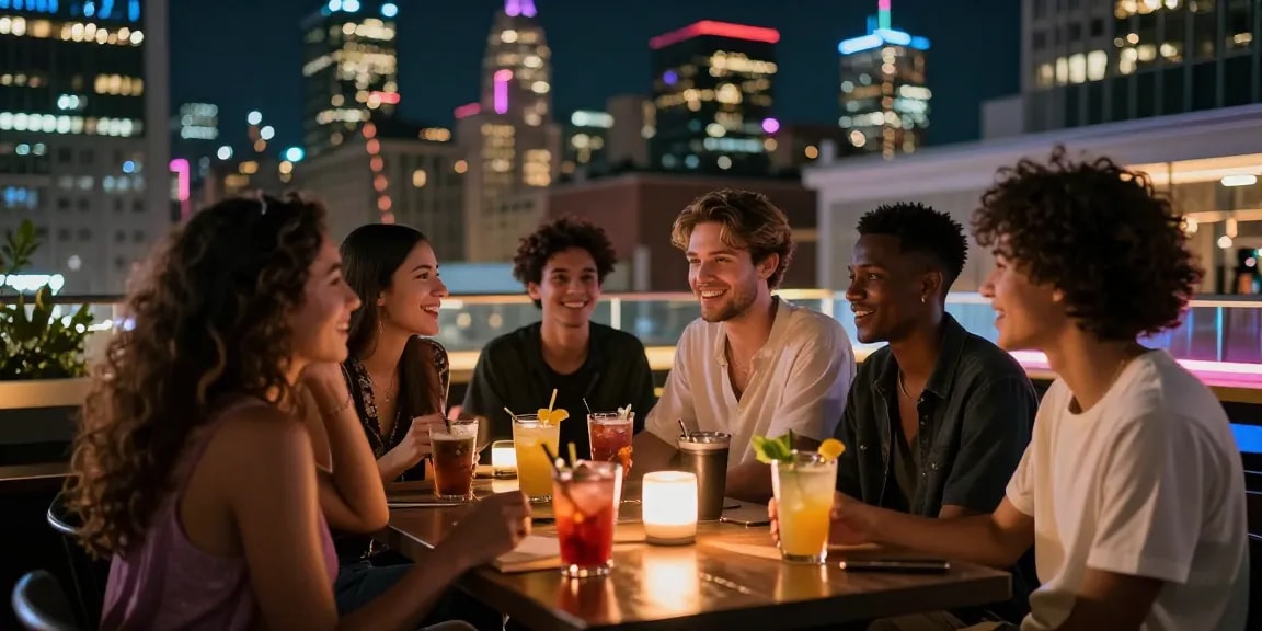 Vibrant urban nightlife scene showing friends enjoying conversations and drinks, embodying the essence of sluts ai.