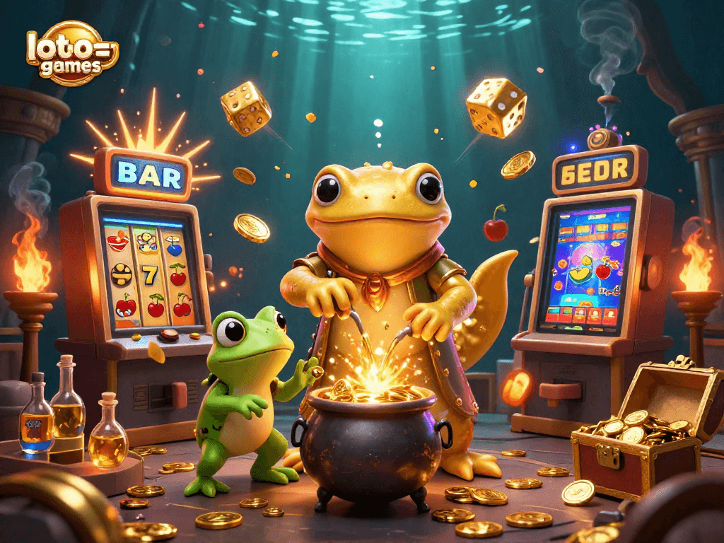 Loto-games brings an enchanting 3D casino scene alive, featuring a golden salamander alchemist creating treasures.