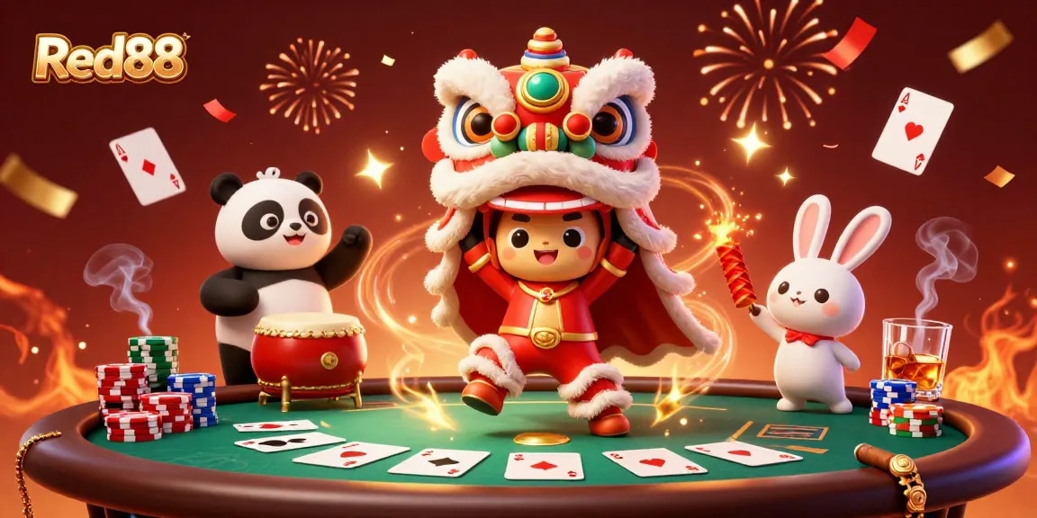 Engage with Red88's vibrant atmosphere featuring a lively lion dance and poker action.