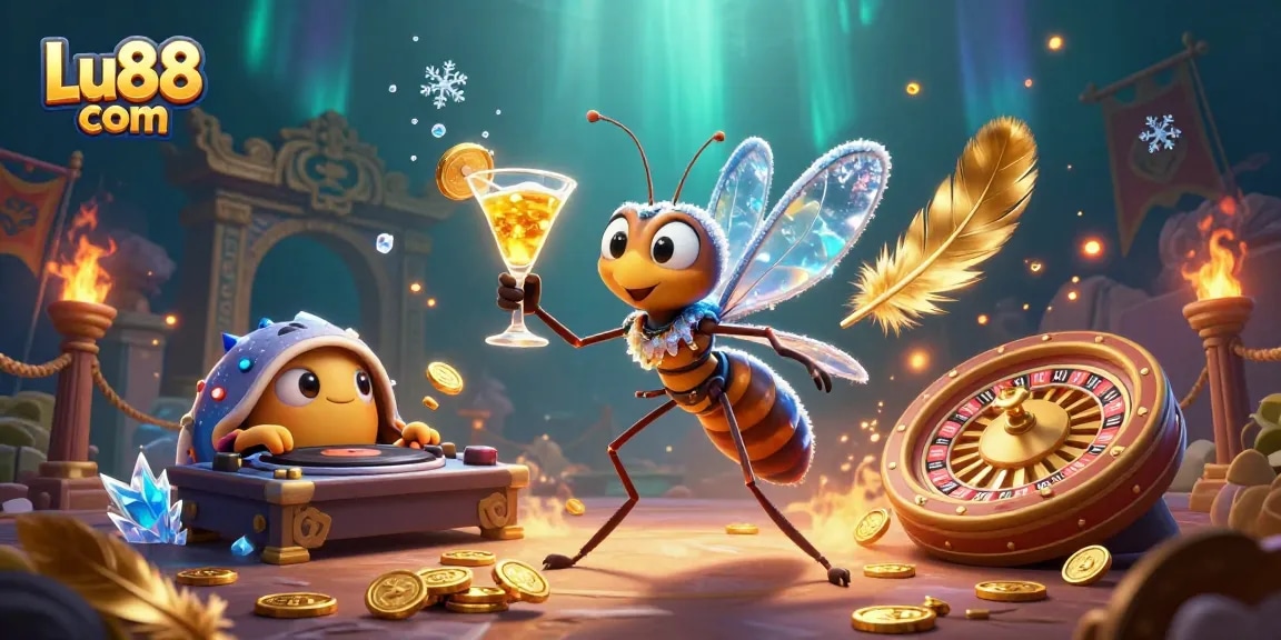 Engage in thrilling gaming at Lu88 com with unique casino characters in a vibrant 3D scene.