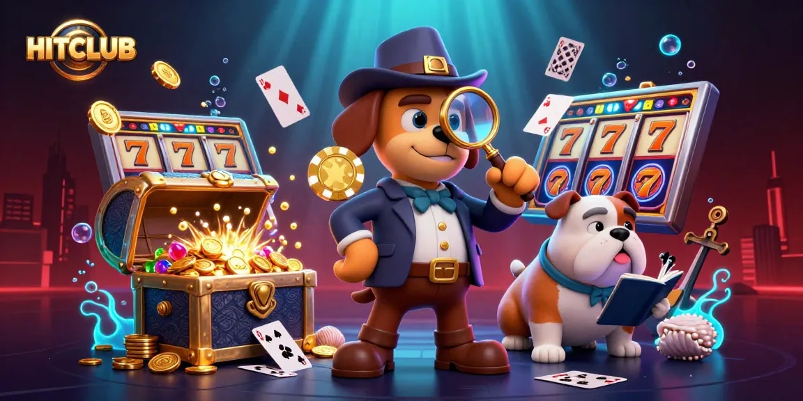 HITCLUB showcases a vibrant digital illustration involving a bloodhound detective uncovering poker chip clues amidst rich gaming elements.