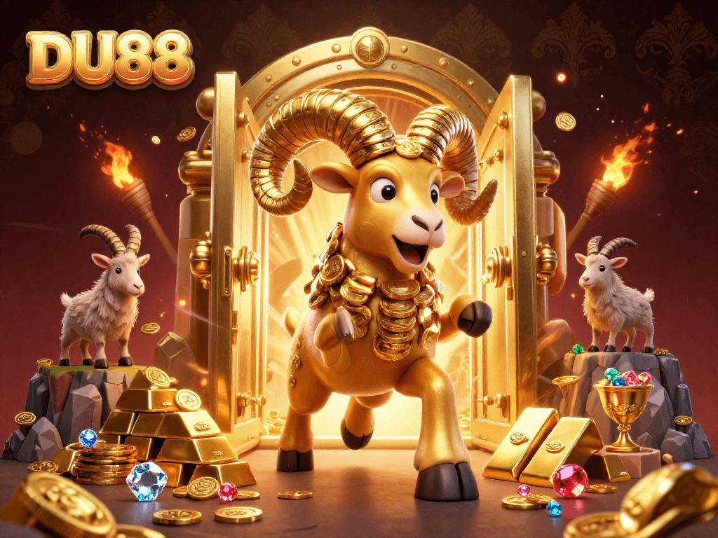 Experience DU88's vibrant casino world featuring a golden ram charging through treasure and fortune.