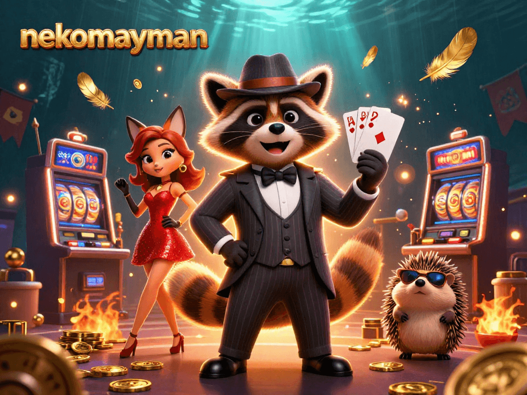 Experience nekomayman with a suave raccoon and fox lady in a vibrant casino scene.