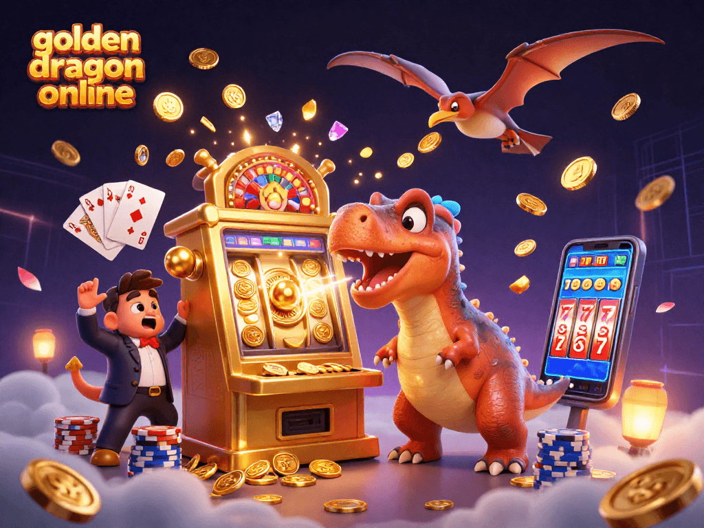 Experience golden dragon online gameplay with a thrilling 3D cartoon scene featuring animated slot machines and dynamic treasures.