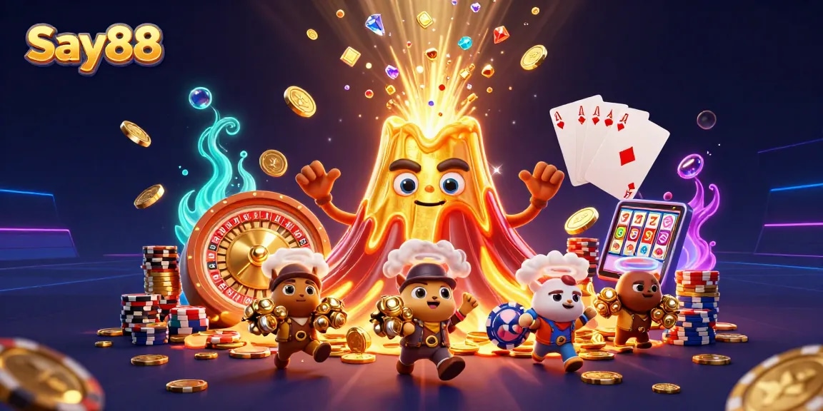 Play thrilling games at Say88, with treasures from exploding volcanoes and vibrant casino elements.