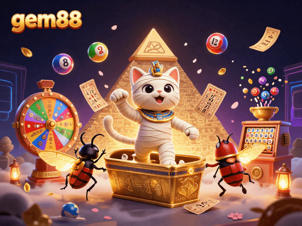 Experience the gem88 magic with a vibrant casino scene featuring a mummy cat and rich gaming elements.