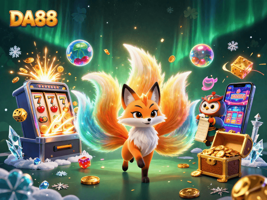 Engage with DA88's vibrant casino scene featuring colorful slot elements, winning opportunities, and exciting characters.