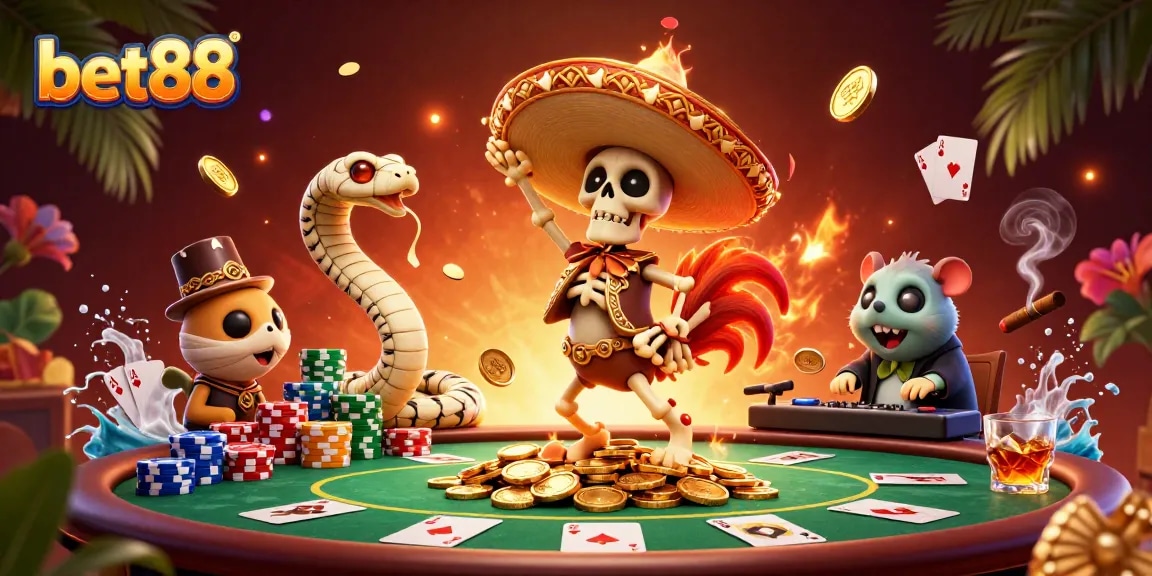 Experience casino thrills at bet88 with a mariachi rooster celebrating on golden coins.