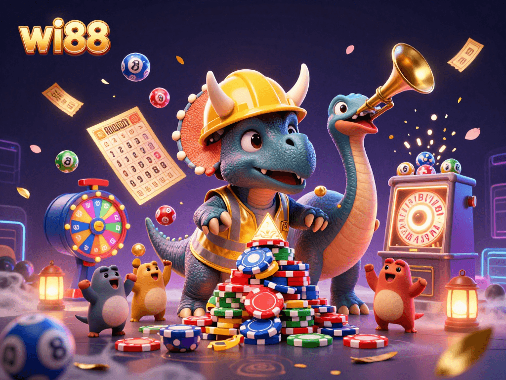 Win big at wi88 with a lively 3D scene of a triceratops and friends celebrating casino games!
