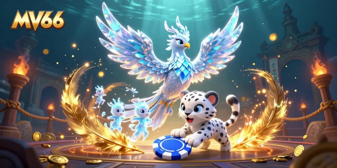 Join MV66 for an adventurous casino experience featuring an ice phoenix, a snow leopard playing poker, and magical sprites.