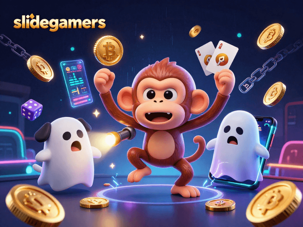 Engage in thrilling fun at slidegamers with a vibrant haunted casino scene featuring a mischievous monkey and a curious puppy.