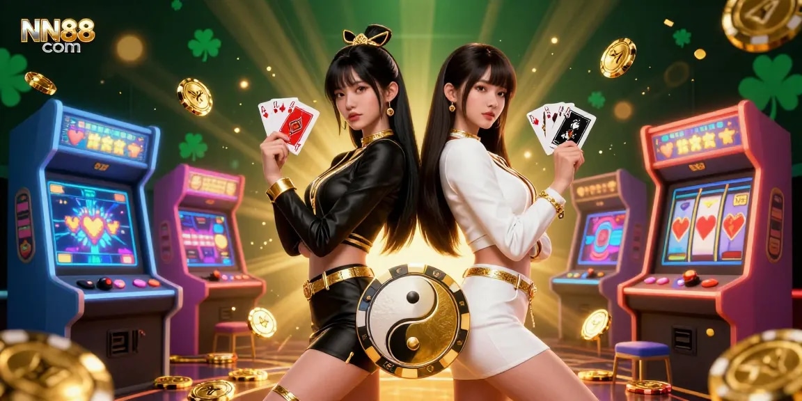 Engage with the exciting world of NN88 com, featuring twin Asian women in a vibrant casino scene with playing cards and gaming elements.