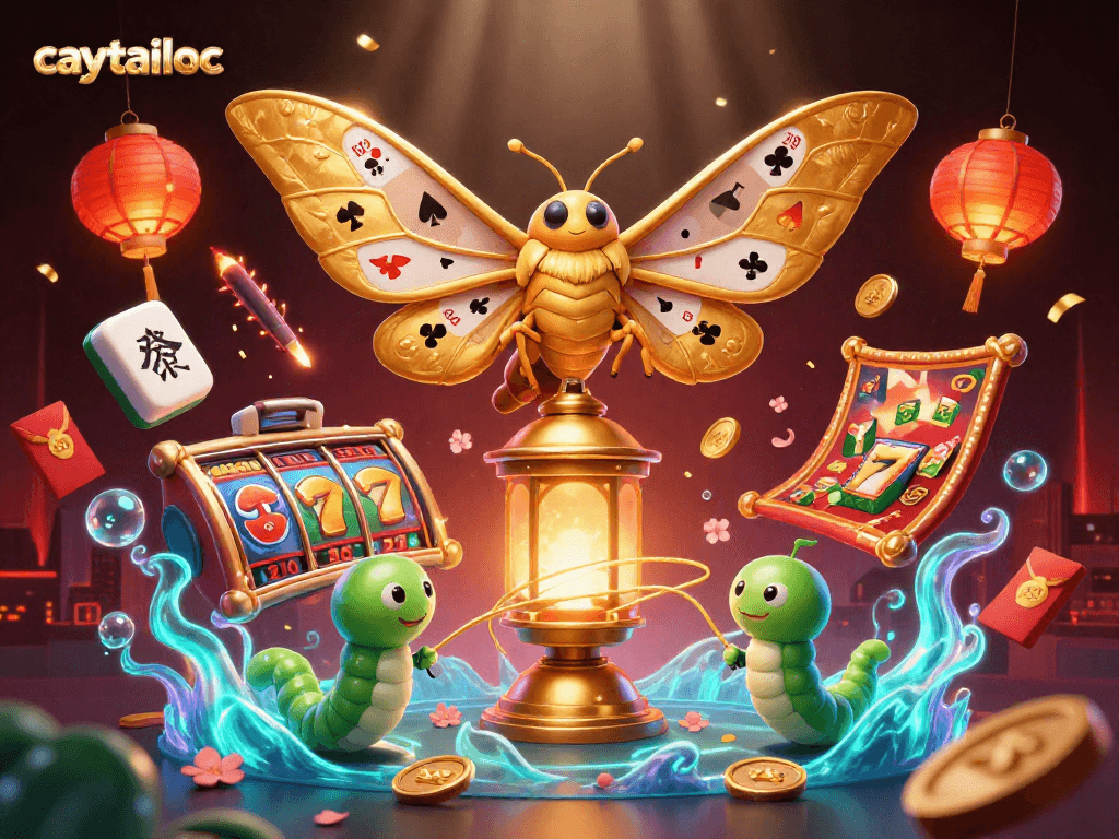 Experience the excitement of caytailoc with spinning slot reels and vibrant casino elements.