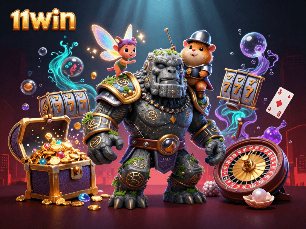 Experience thrilling wins at 11WIN with this enchanting 3D casino illustration showcasing exciting gaming elements